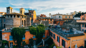 Aerial view of the Trastevere neighborhood in Rome. 